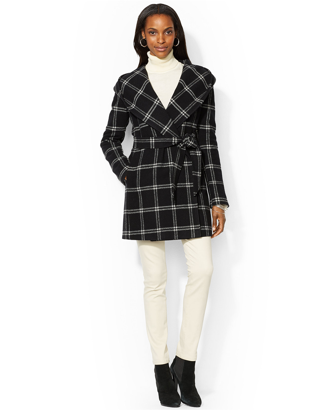 Lauren  Ralph Lauren Hooded Belted Plaid Wrap Coat